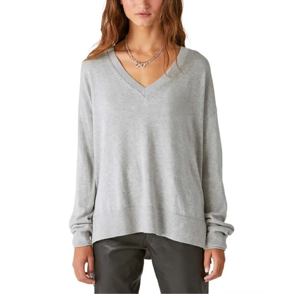 Lucky Brand XL Silver Gray Knit Oversized Slouchy V-Neck Pullover Sweater